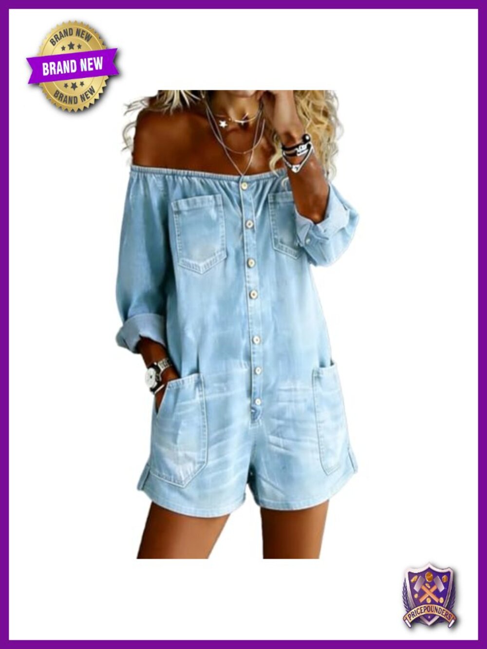 Vintage Off Shoulder Long Sleeve Denim Jumpsuit Shorts Loose Fit with Pockets